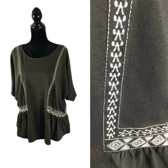 Dark olive top with white embroidered detail - Picture 4 of 7